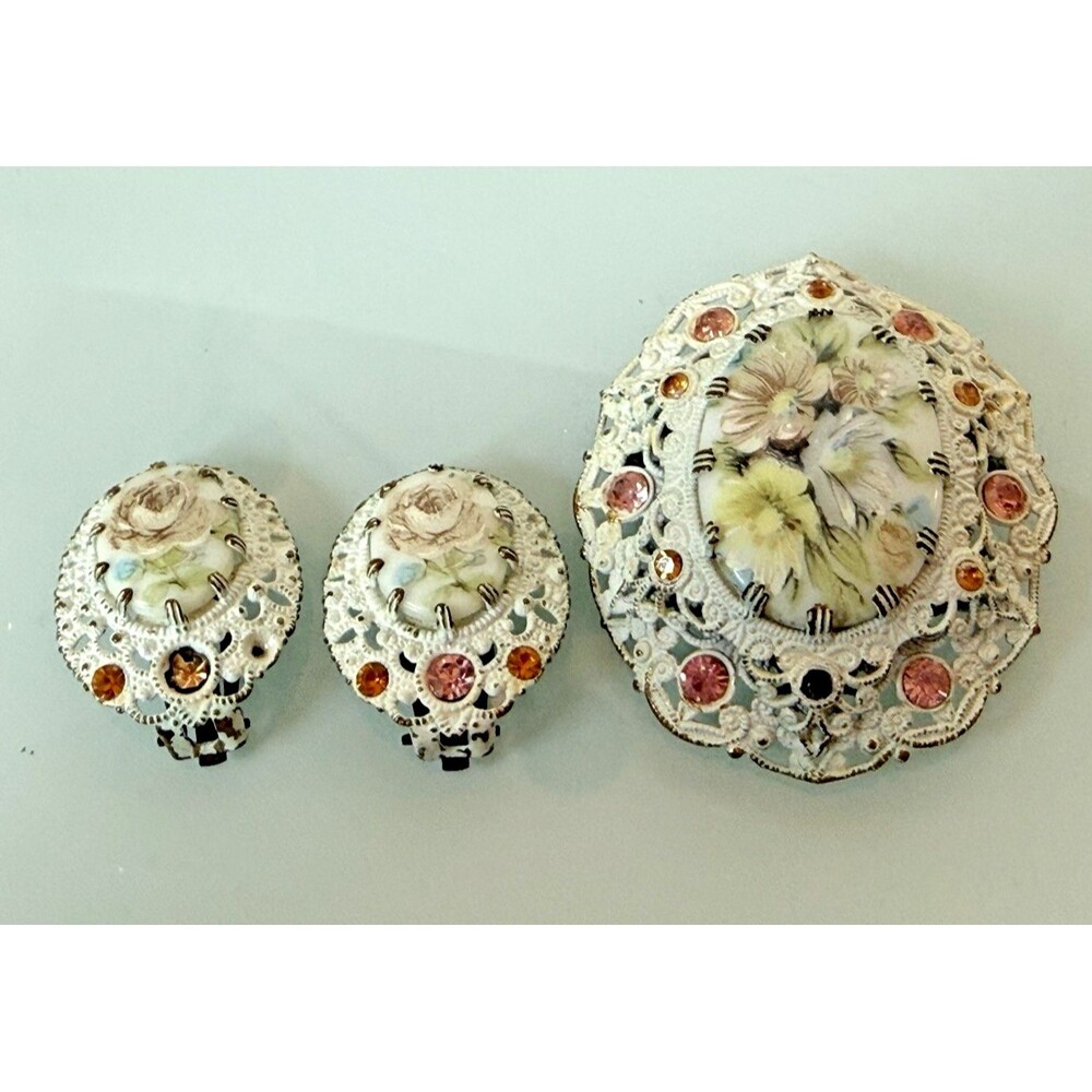 Germany Floral Enamel Hand-Painted Brooch, Clip on Earrings Set Rhinestone Vtg - Picture 2 of 15